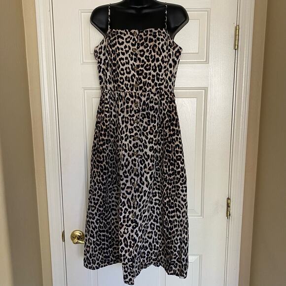 H&M Dresses & Skirts - H&M Linen Blend Leopard Midi Dress Smocked Back Womens Small
